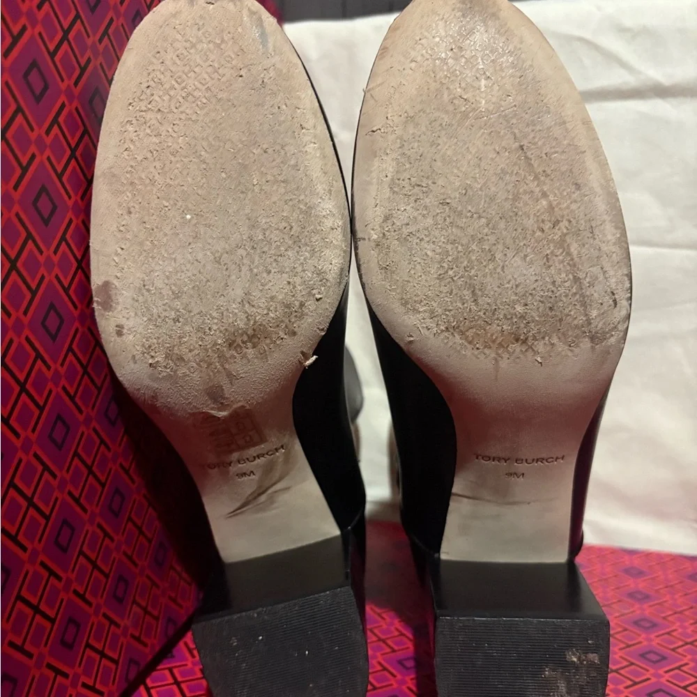 Tory Burch Black Leather Ankle Boots with Gold Logo Strap